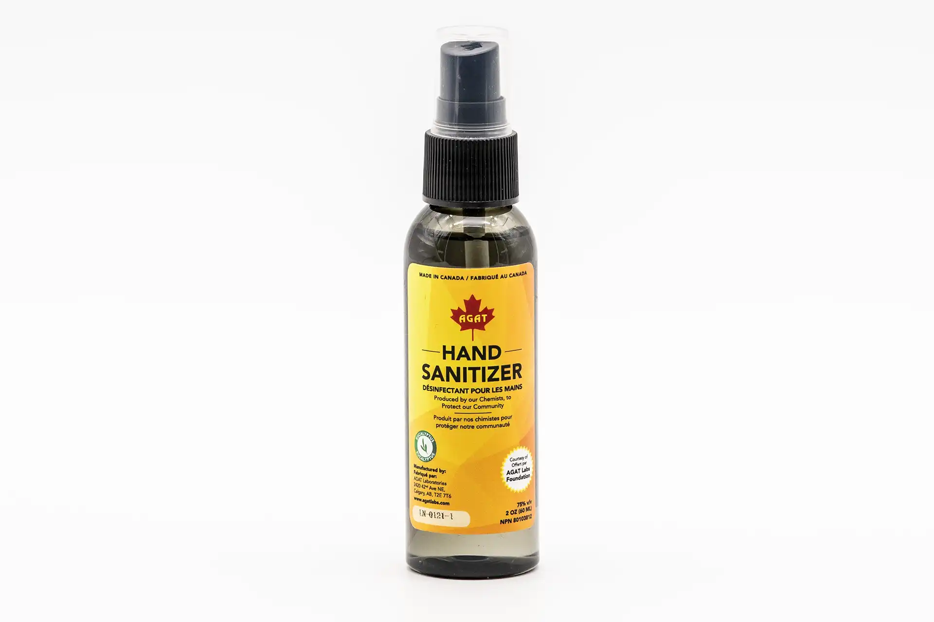 A single AGAT Laboratories hand sanitizer bottle labeled “Made in Canada” against a white background.