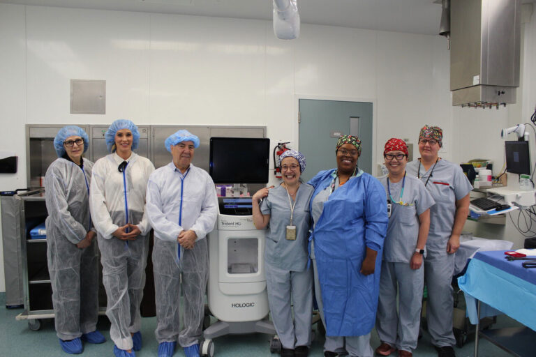 Surgical team at the Peter Lougheed Centre with new technology supporting breast cancer treatments, including Magseed and Faxitron equipment.